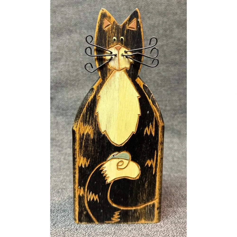 Wood Carved Black Cat Figurine Wire Whiskers Mouse Folk Art Statue Kitten Mice